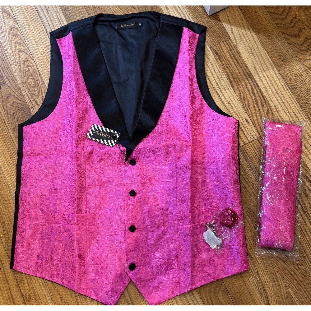 DiBanGu Mens Silk Vest &Tie Set 7PCS Paisley Suit Hot Pink Medium Tuxedo